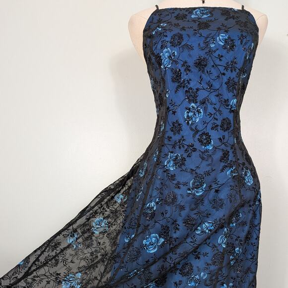 Vintage Morgan Co Prom Dress Maxi Gown 10 Blue Black Goth 90S Y2K Floral Glam - Picture 3 of 11